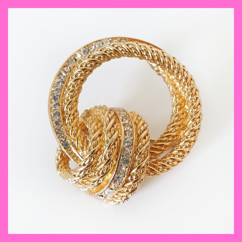Vintage Christian Dior Round Knot Rope Gold Tone Brooch Clear Rhinestones 1970s